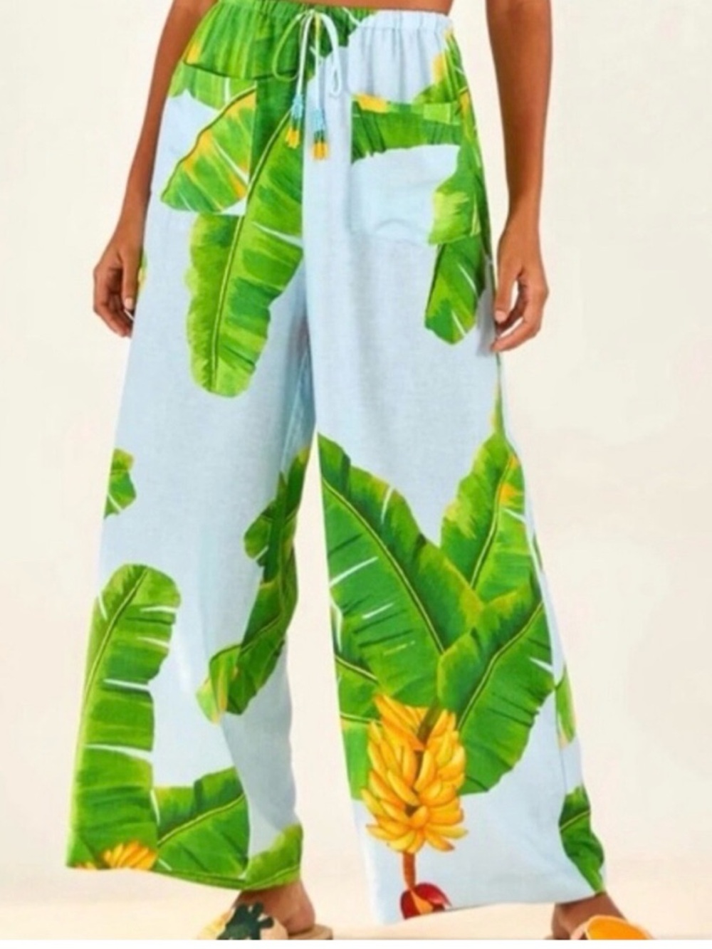 FARM Rio Blue Wide-Leg Pants with Green Banana Leaf Print